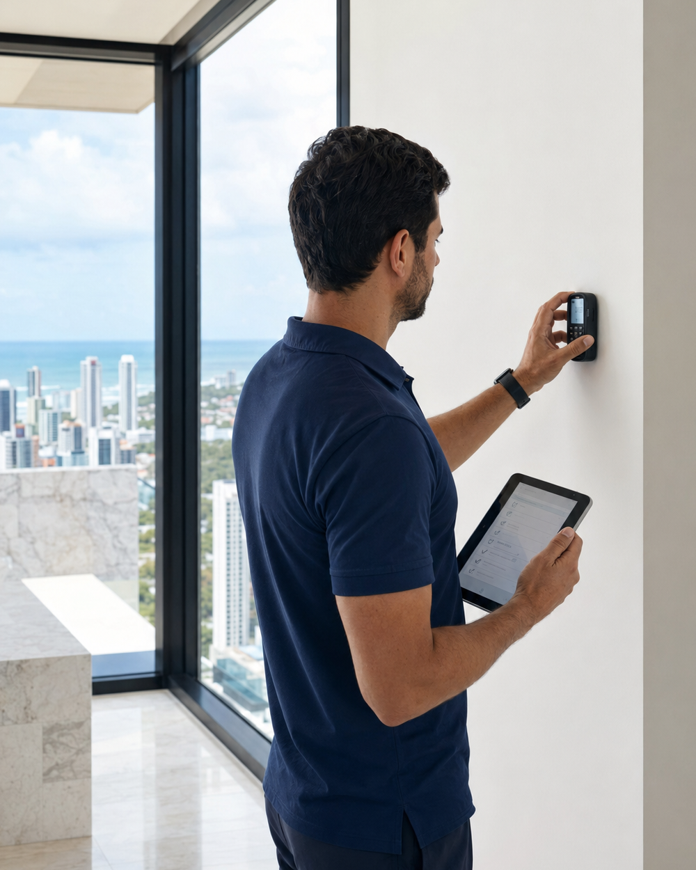 Técnico realizando inspeção em uma parede de apartamento